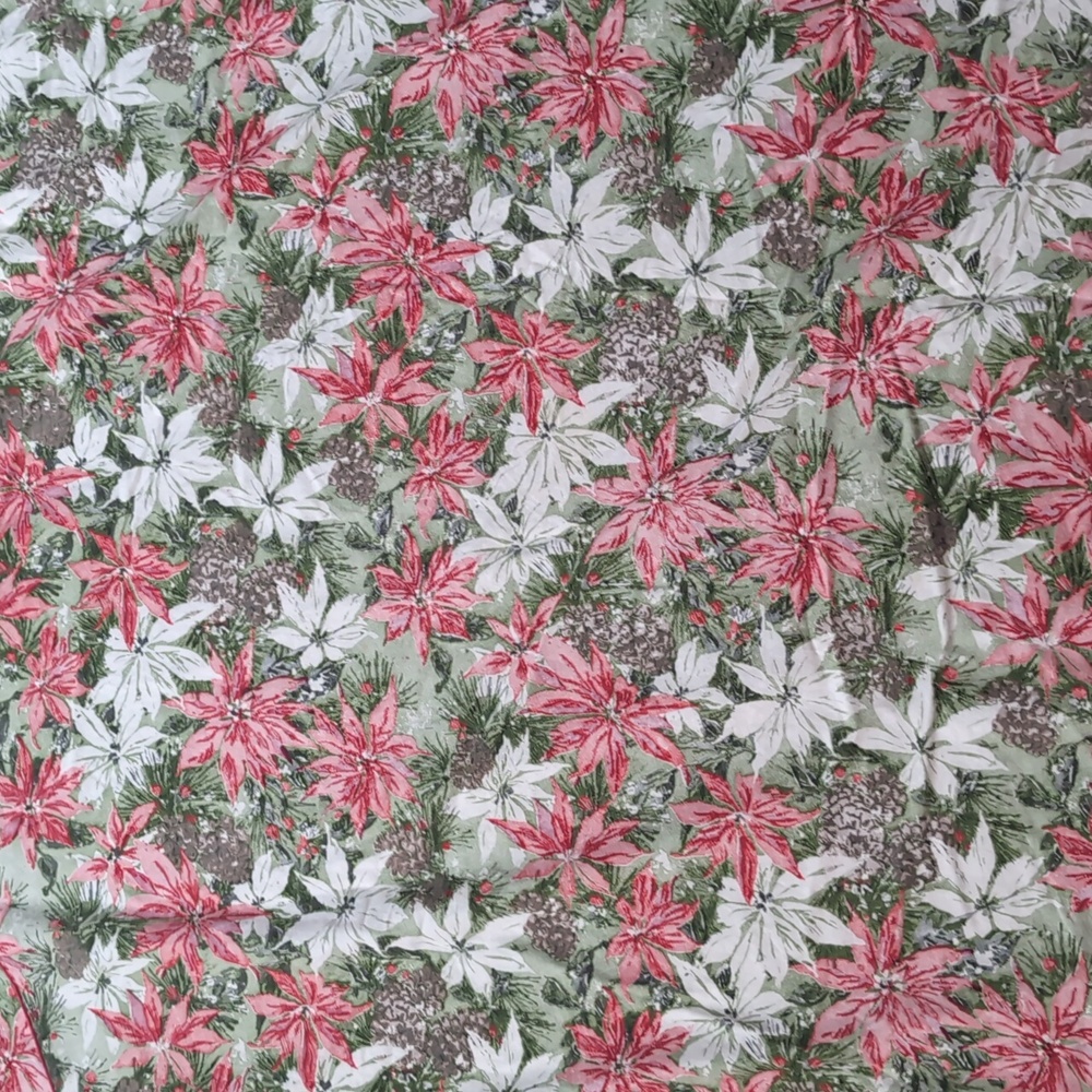 Vintage 60s/70s Classic Christmas Round Tablecloth Poinsettia Pinecones Pom Poms - Picture 7 of 7